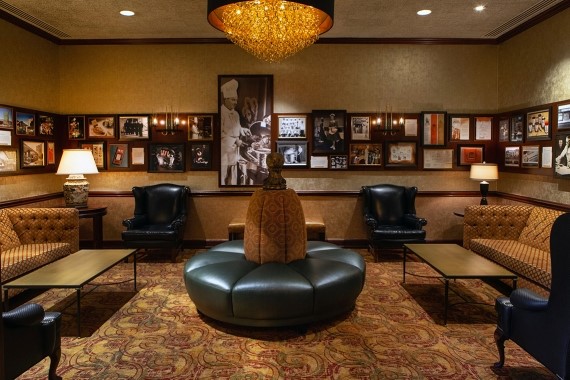 The new, multi-wall History of Lawry's display in the waiting room at Lawry's The Prime Rib, Beverly Hills