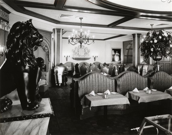 Black and white photo of the new dining room at Lawry's The Prime Rib, Chicago in the McCormick Mansion when the restaurant opened in 1974